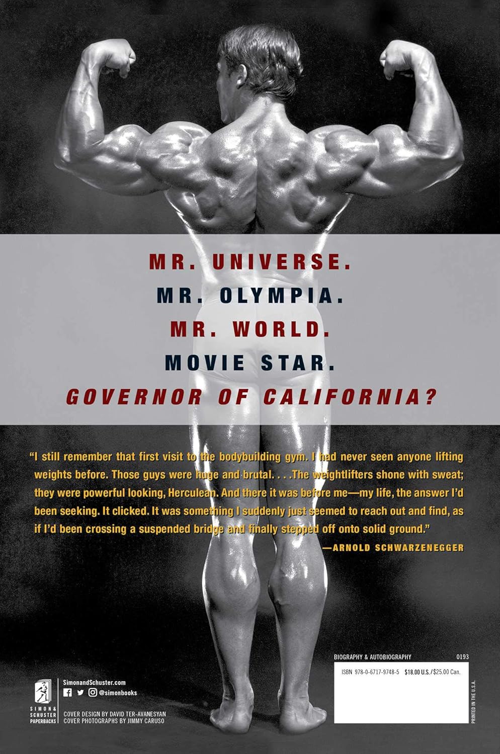 Arnold: The Education of a Bodybuilder, Back Cover, Arnold holding a rear double biceps pose, 0671797484, 9780671797485, 978-0671797485, 1977 by Arnold Schwarzenegger and Douglas Kent Hall published by Simon & Schuster